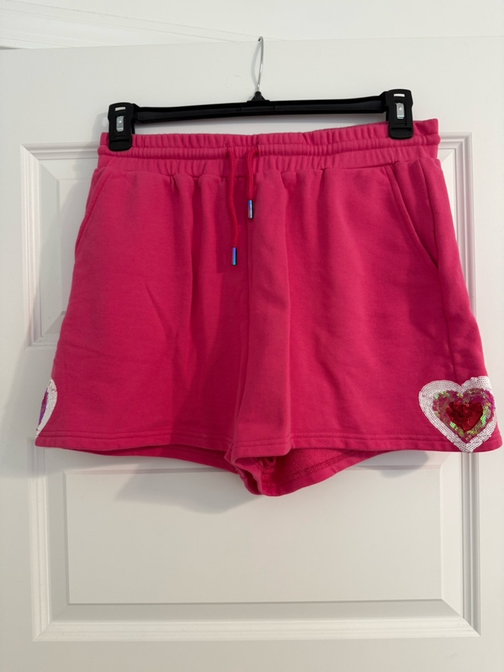 QOS: Women’s Hot Pink Sequin Heart Lounge Shorts